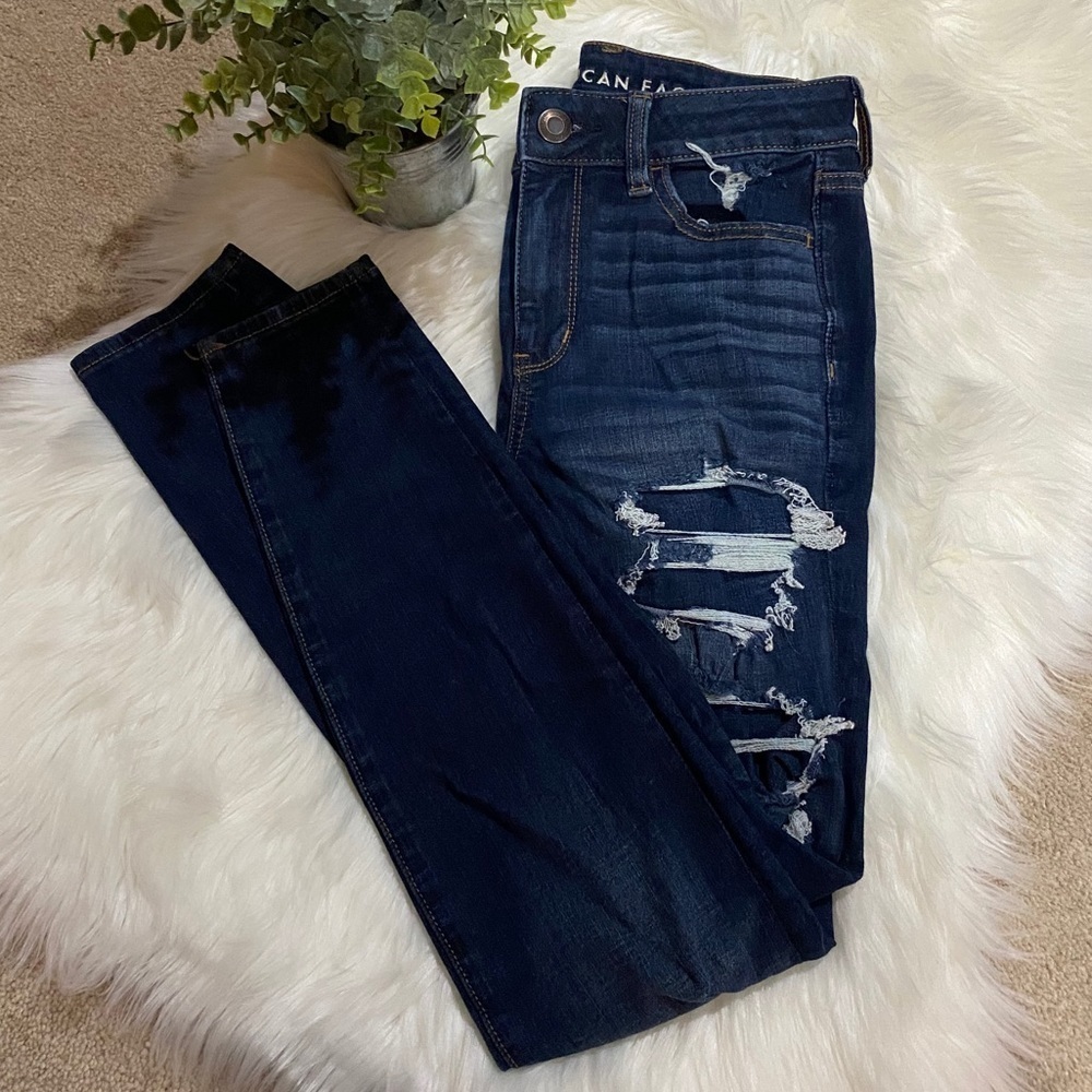 American Eagle: Ripped Dark‎ Hi-Rise Jeggings Denim Distressed Jeans 4 Regular